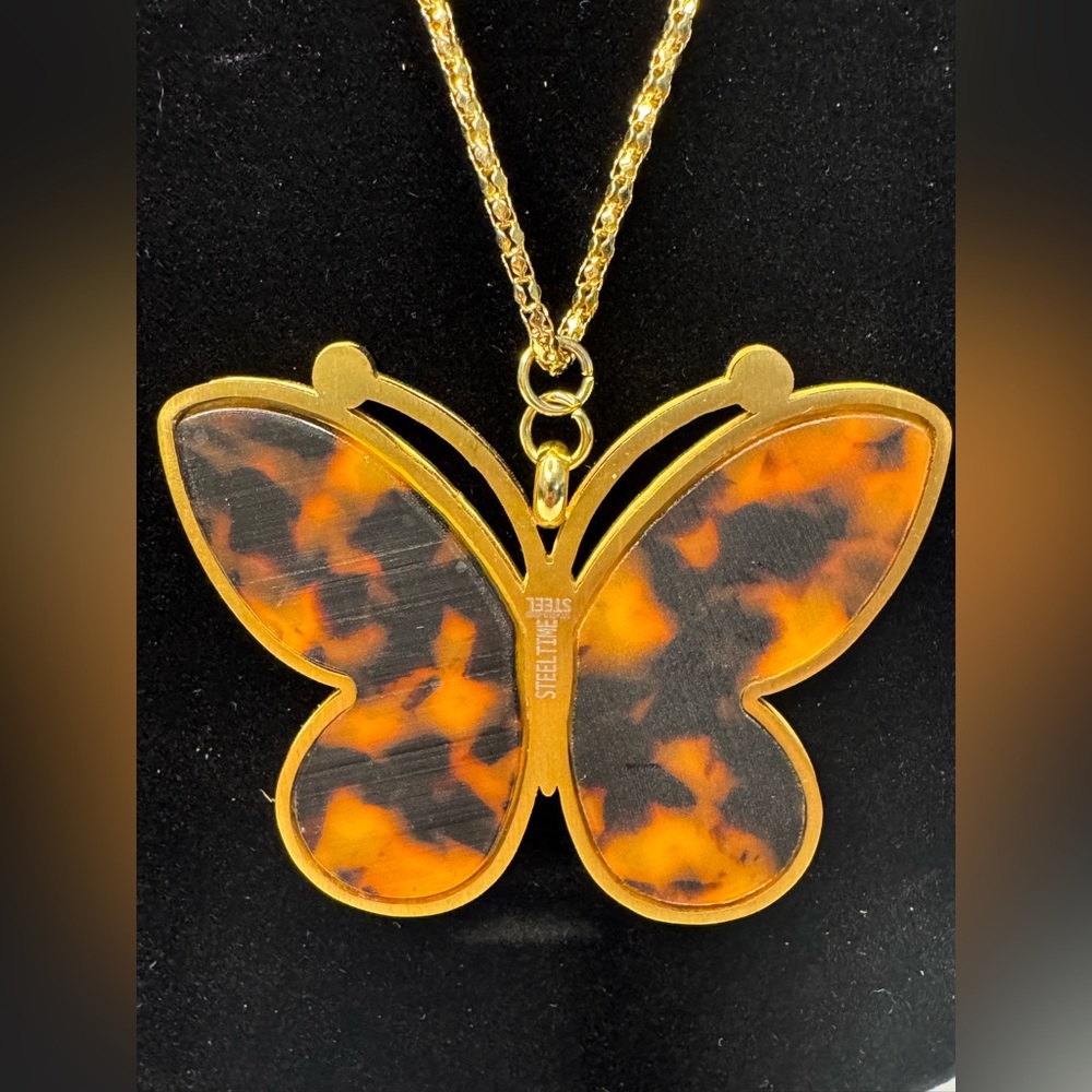 Butterfly pendant necklace tortoise rhinestones - Picture 4 of 11